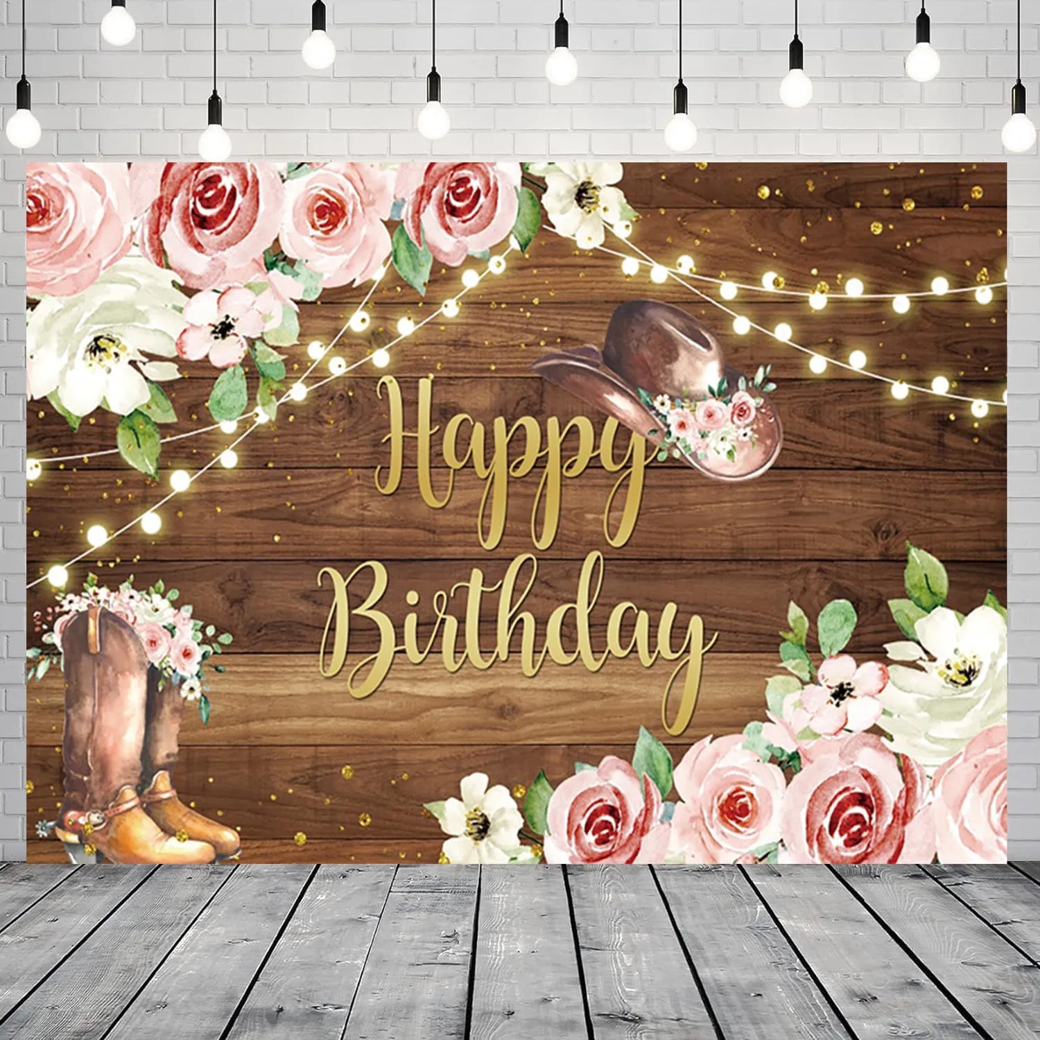 Western Cowgirl Birthday Backdrop Rustic Country Wooden Pink Flower Boot Rodeo Birthday Photography Background for Girls Women Birthday Party Decorations Banner Photo Photobooth Props 5x3ft