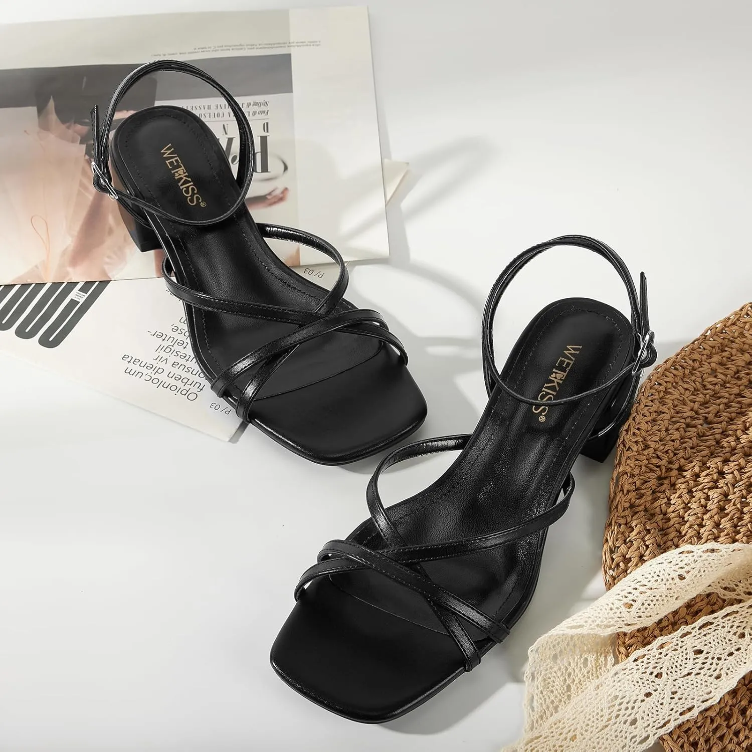wetkiss 2 Inch Low Heels Chunky Strappy Heels Women Woven Low Summer Sandals Square Toe Black Woven Nude