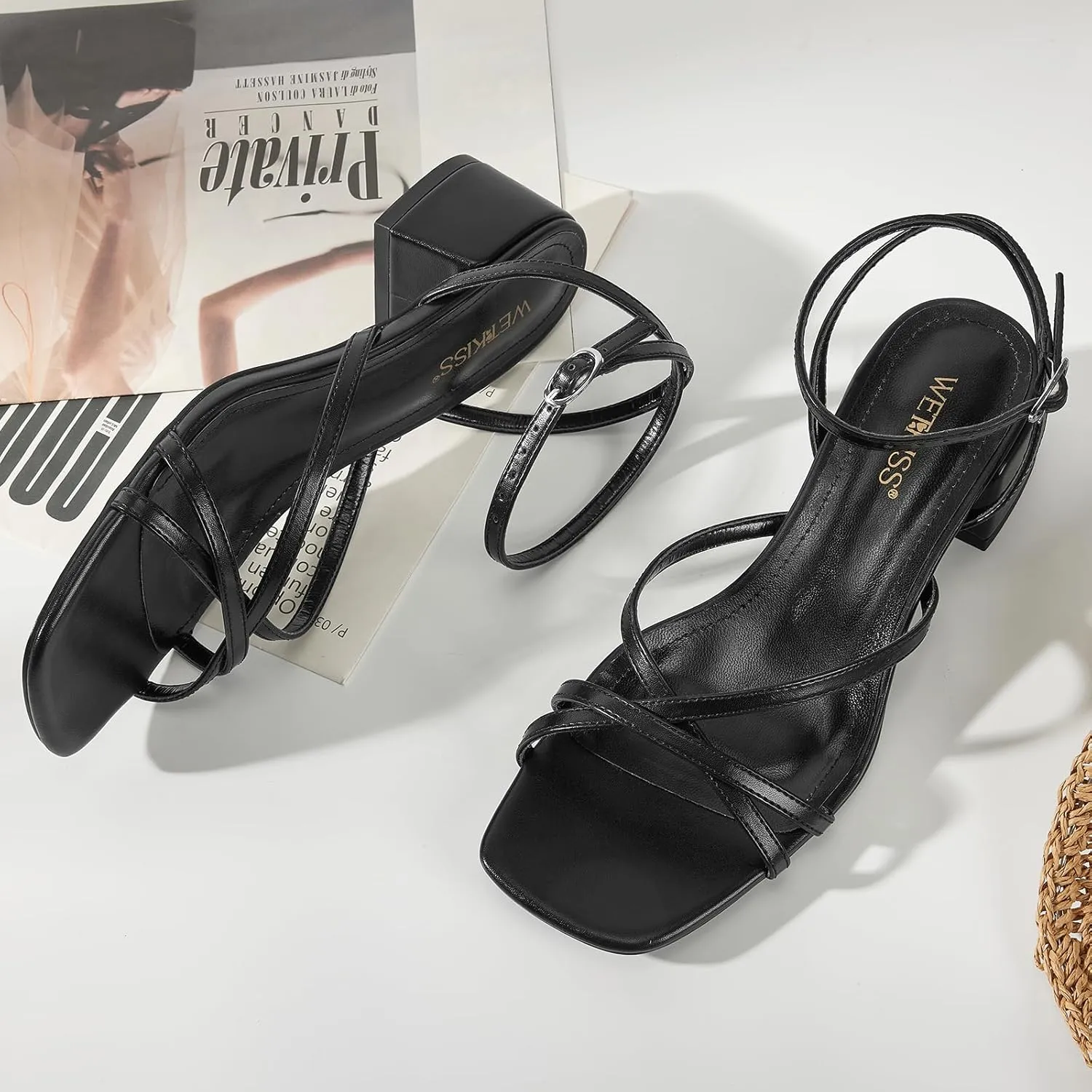 wetkiss 2 Inch Low Heels Chunky Strappy Heels Women Woven Low Summer Sandals Square Toe Black Woven Nude