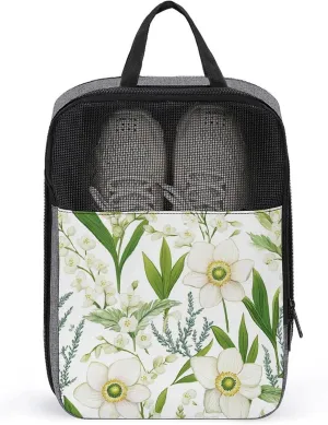 White Anemones Daffodils And Lilies Flowers Shoe Bag for Travel Daily Use Anti-dust Storage Carrier Golf Shoe Pouch