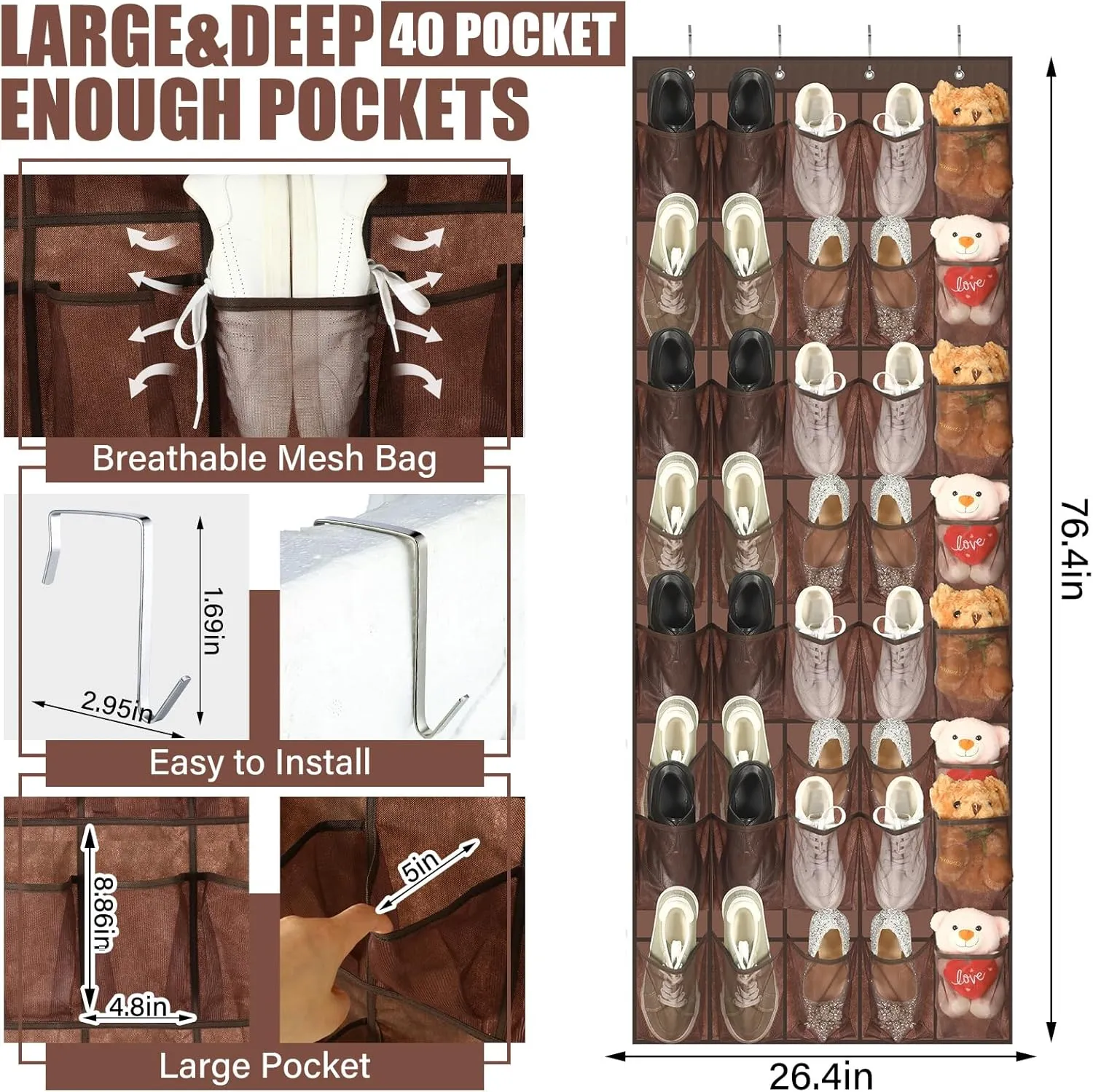Windyun 40 Large over the Door Hanging Shoe Organizer Brown Mesh Pockets Shoe Rack for Closet Behind Door Hanger Storage Holder Nonslip for Cruise Essentials, Dorm Room Storage, Utility Room