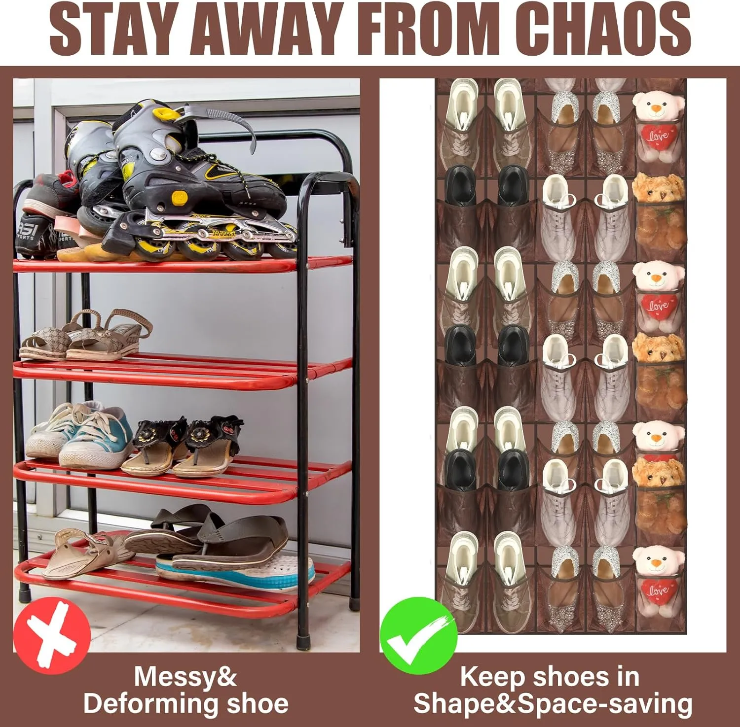 Windyun 40 Large over the Door Hanging Shoe Organizer Brown Mesh Pockets Shoe Rack for Closet Behind Door Hanger Storage Holder Nonslip for Cruise Essentials, Dorm Room Storage, Utility Room