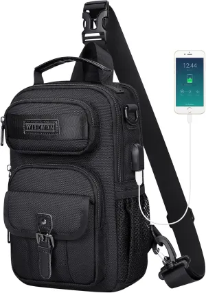 WITZMAN Sling Bag for Men Convertible Travel Sling Backpack USB Charging Port Lightweight Crossbody Bags Casual Daypack（B698 Black）
