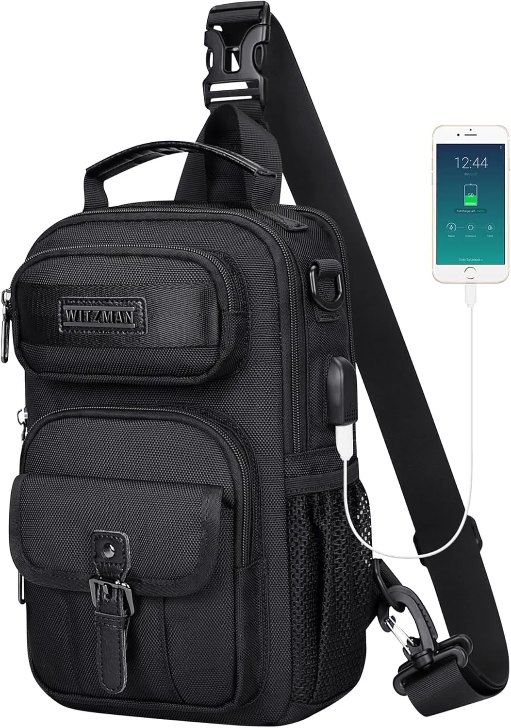WITZMAN Sling Bag for Men Convertible Travel Sling Backpack USB Charging Port Lightweight Crossbody Bags Casual Daypack（B698 Black）