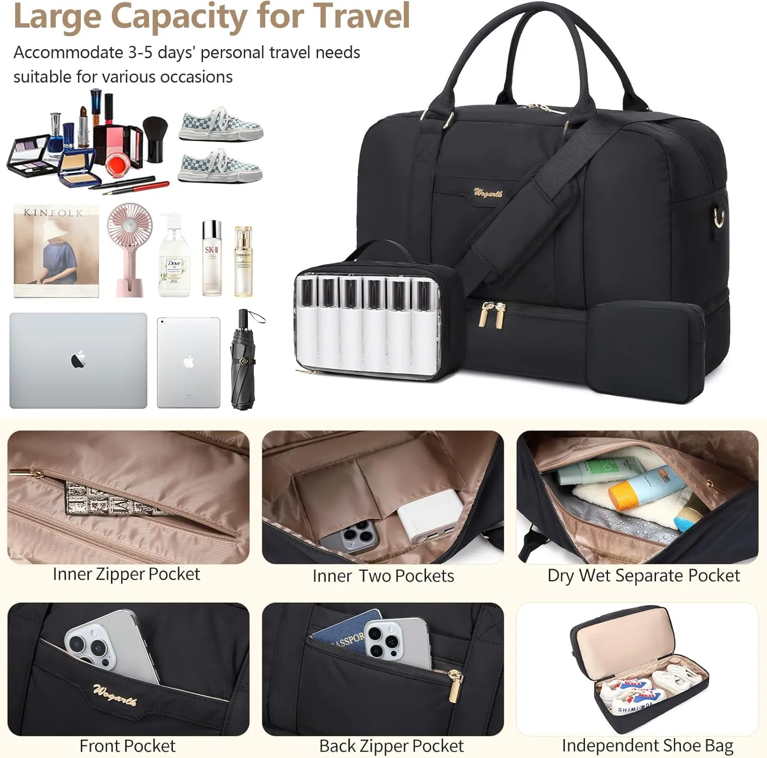 Wogarl Weekender Bag for Women Men Large Overnight Bag Travel Duffel Bag with Shoe Compartment Toiletry Satchel Bag Carry On Bag Fit 21" Laptop