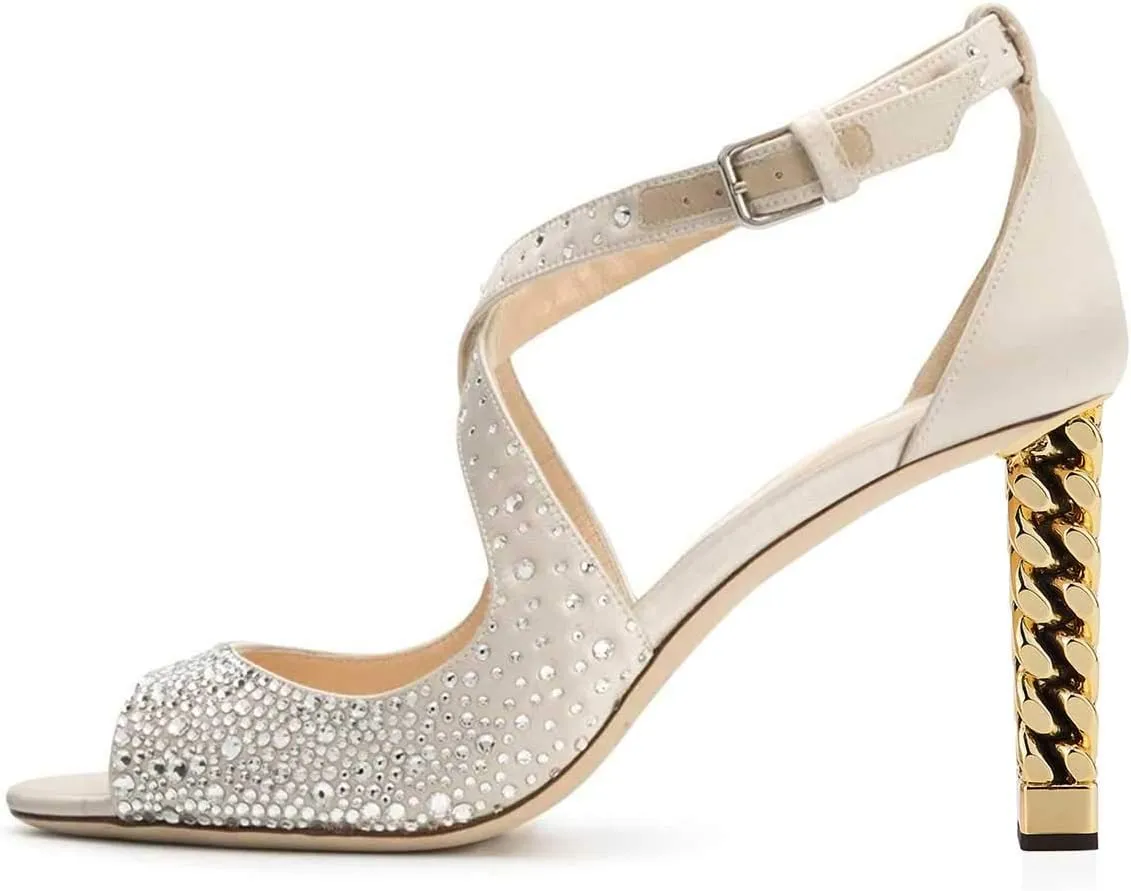 Women Chic Gold Metal Chain Block High Heels Pumps Cross Strap Closed Open Toe Shoes Size 4-15 US