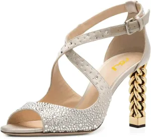 Women Chic Gold Metal Chain Block High Heels Pumps Cross Strap Closed Open Toe Shoes Size 4-15 US