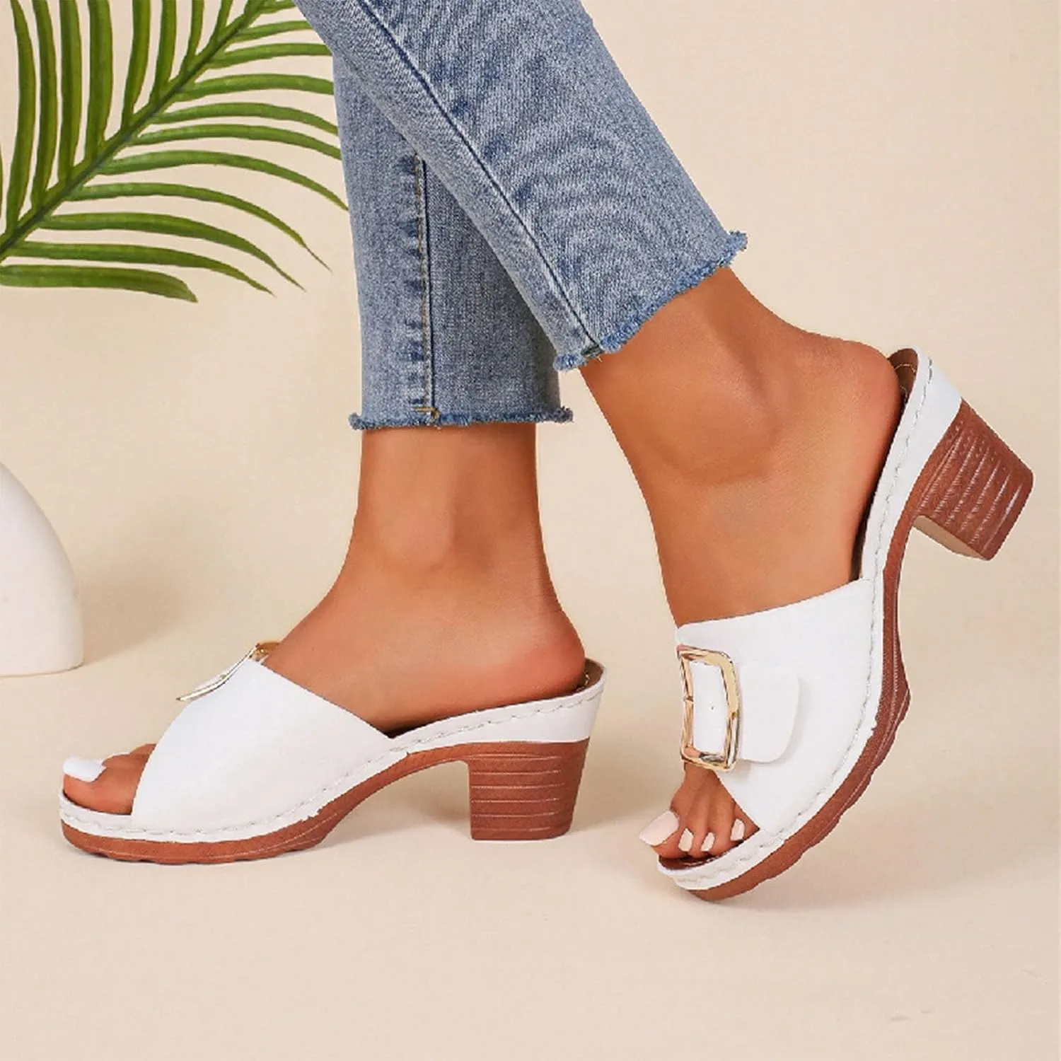 Women High Heel Slide Sandals Summer Dressy Chunky Heels Slippers Elegant Slip on with Buckle 2025 New