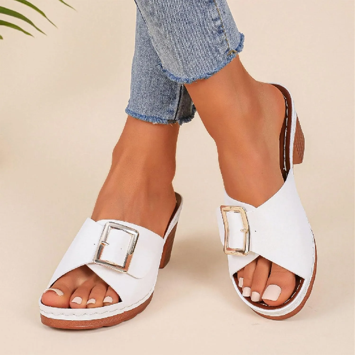Women High Heel Slide Sandals Summer Dressy Chunky Heels Slippers Elegant Slip on with Buckle 2025 New