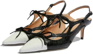 Women Kitten Heel Pointed Toe Slingback Sandals Bow Crocodile Sandal Heels Cap Toe 2 inch Thin Heel Slingback Pumps Two Tone Strappy Sexy Fashion Wedding Party 4-11 M US