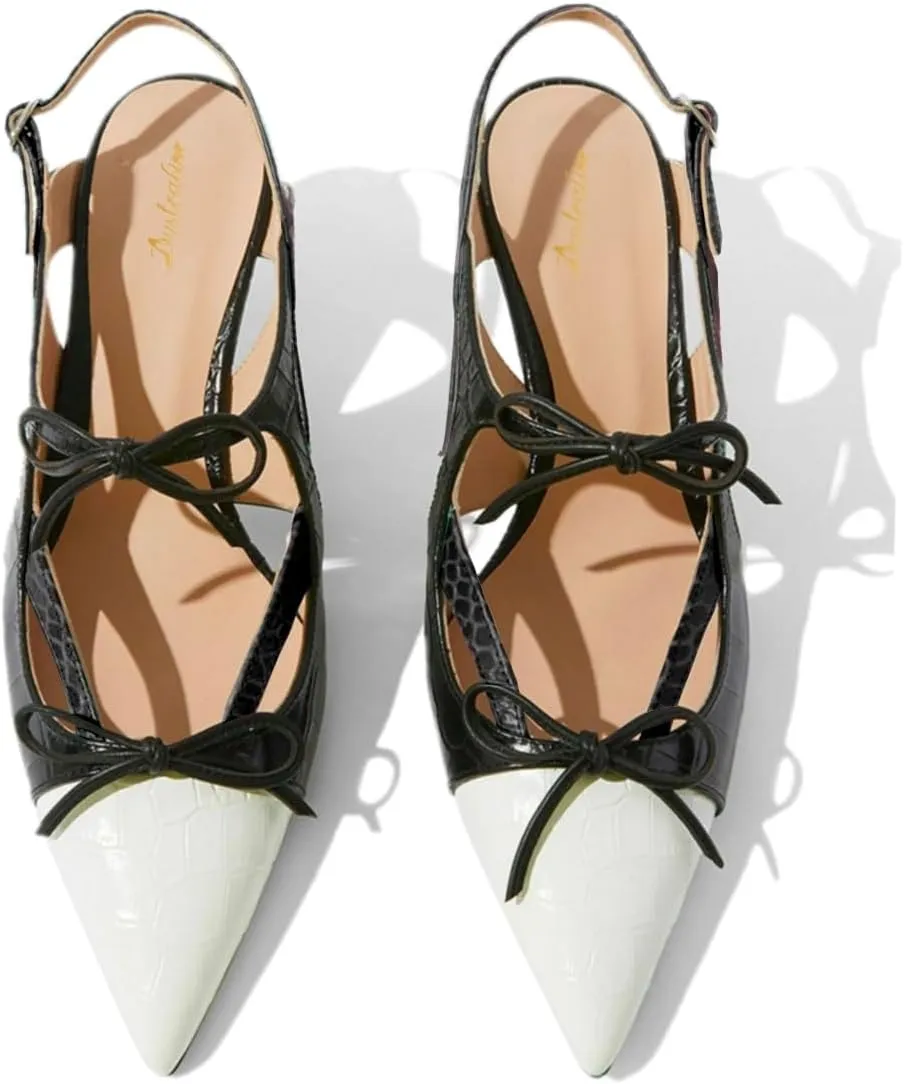 Women Kitten Heel Pointed Toe Slingback Sandals Bow Crocodile Sandal Heels Cap Toe 2 inch Thin Heel Slingback Pumps Two Tone Strappy Sexy Fashion Wedding Party 4-11 M US