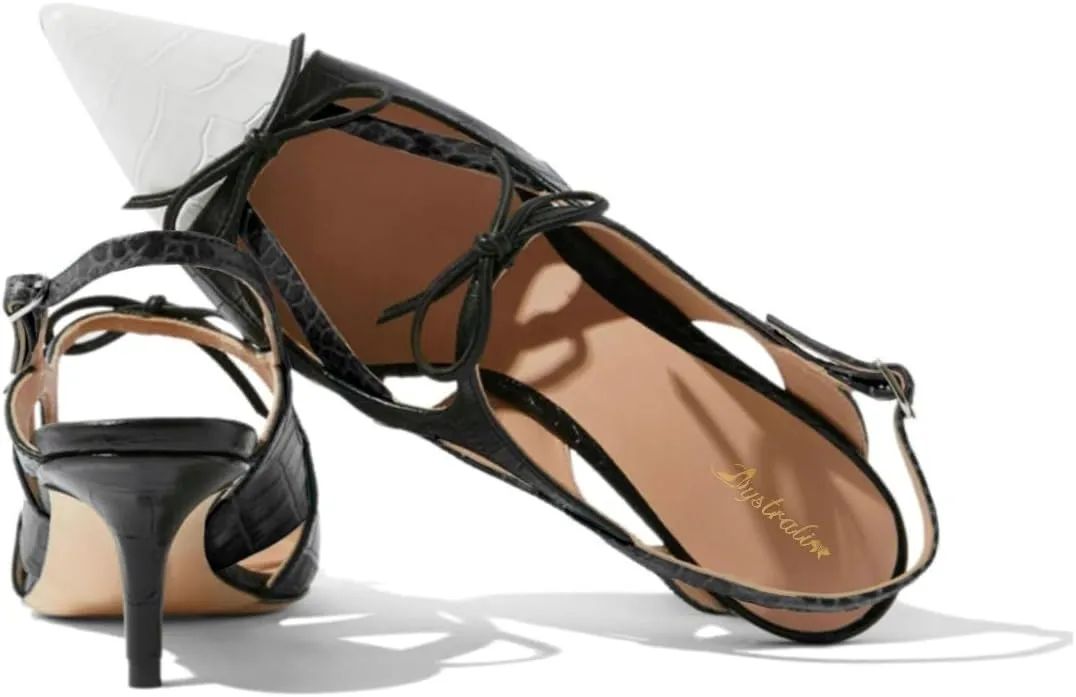 Women Kitten Heel Pointed Toe Slingback Sandals Bow Crocodile Sandal Heels Cap Toe 2 inch Thin Heel Slingback Pumps Two Tone Strappy Sexy Fashion Wedding Party 4-11 M US