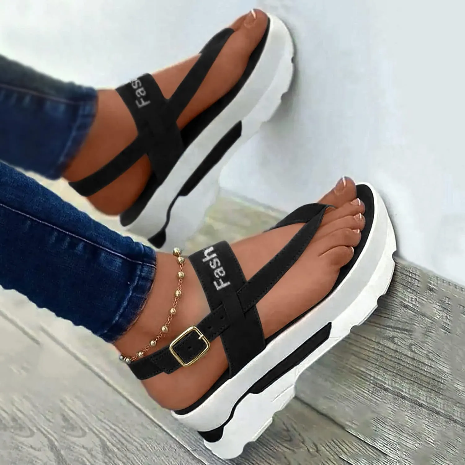 Women Platform Sandal Adjustable Buckle Ankle Strap Clip Toe Sandal Summer Open Toe Non Slip Flip Flops For Beach