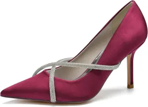 Women Pointed Toe Pumps Shoes Heel Wedding Bridal Shoes Crisscross Dress Party Rhinestone Shoes