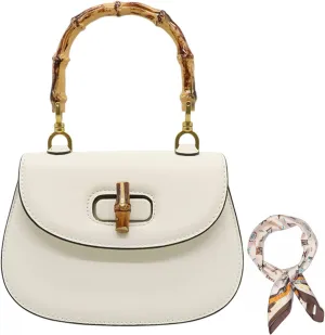 Women Shoulder Bag Bamboo Handle Handbag Crossbody Bag Fashion Casual Satchel Tote Bag with 27.5 * 27.5in Square Scarf (White)
