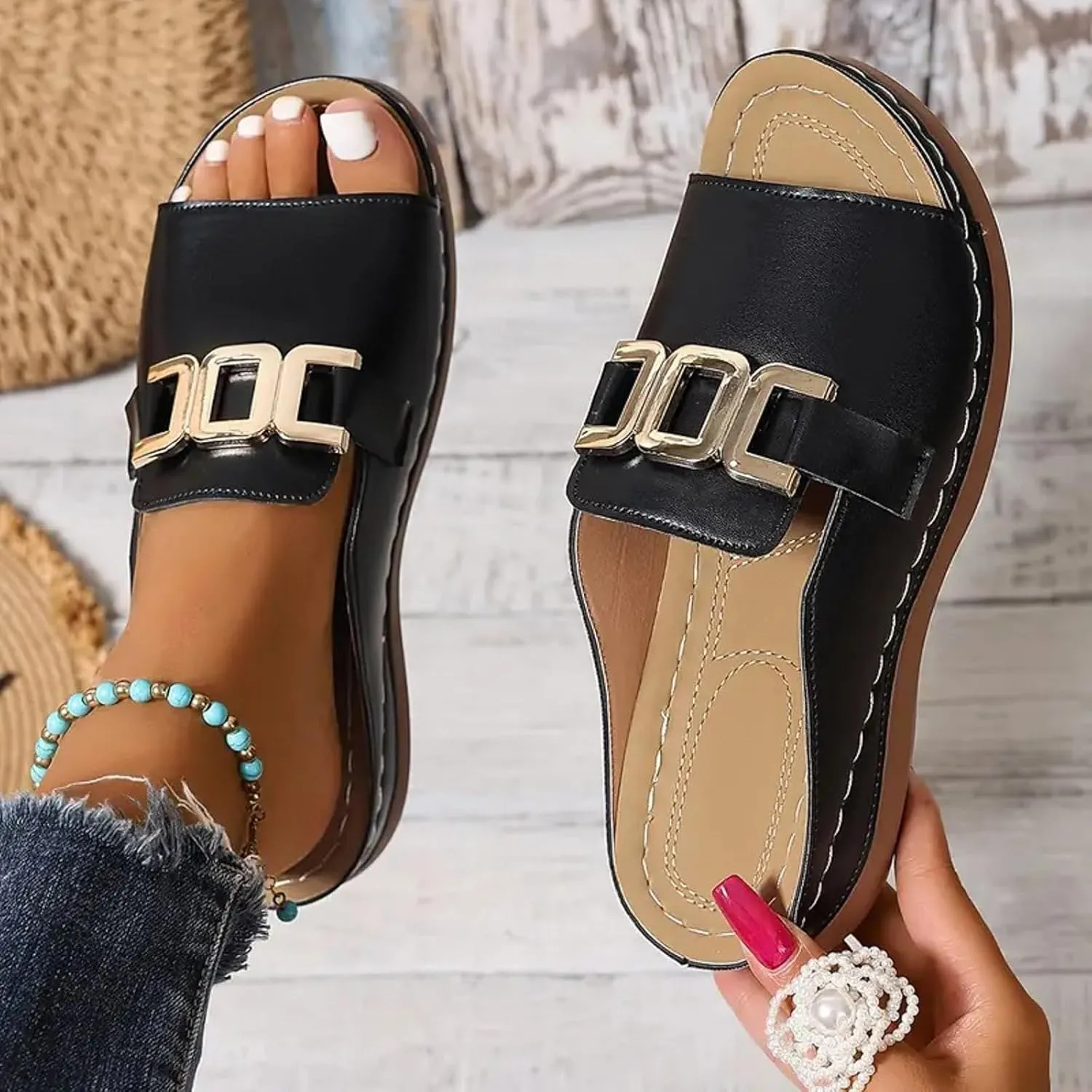 Women Summer Sandals Fish Mouth Slip On Slippers Comfortable Walking Shoes Casual Lightweight Open Toe Beach Sandals Simple Sandal