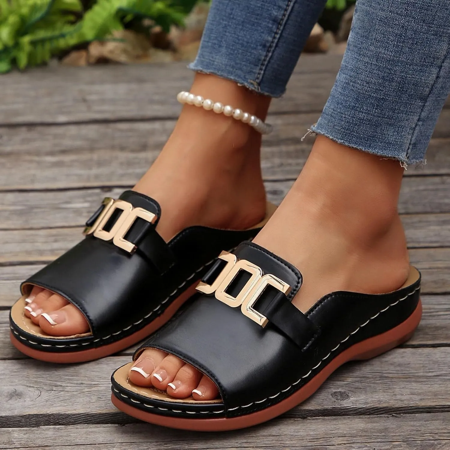 Women Summer Sandals Fish Mouth Slip On Slippers Comfortable Walking Shoes Casual Lightweight Open Toe Beach Sandals Simple Sandal