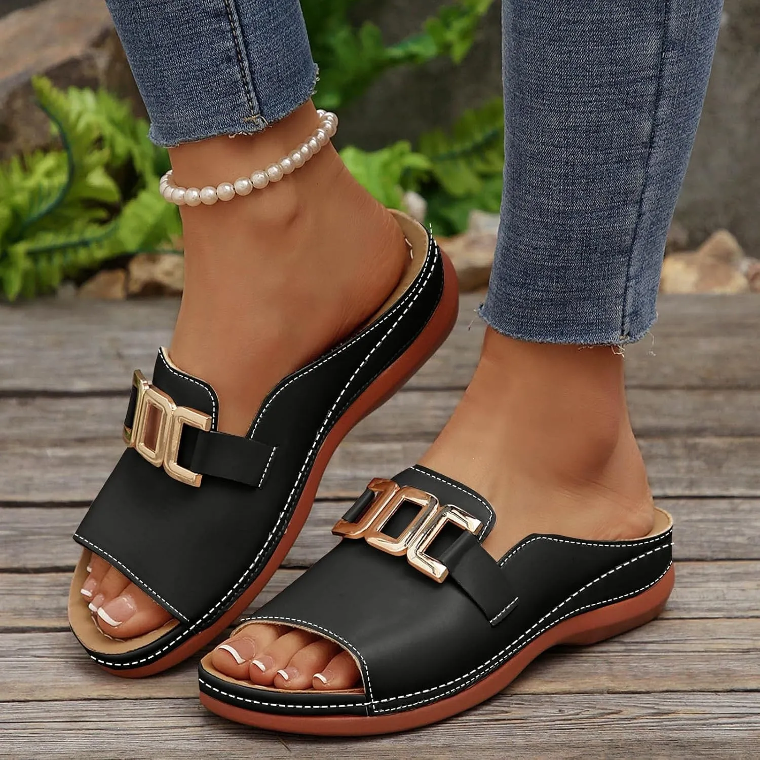 Women Summer Sandals Fish Mouth Slip On Slippers Comfortable Walking Shoes Casual Lightweight Open Toe Beach Sandals Simple Sandal