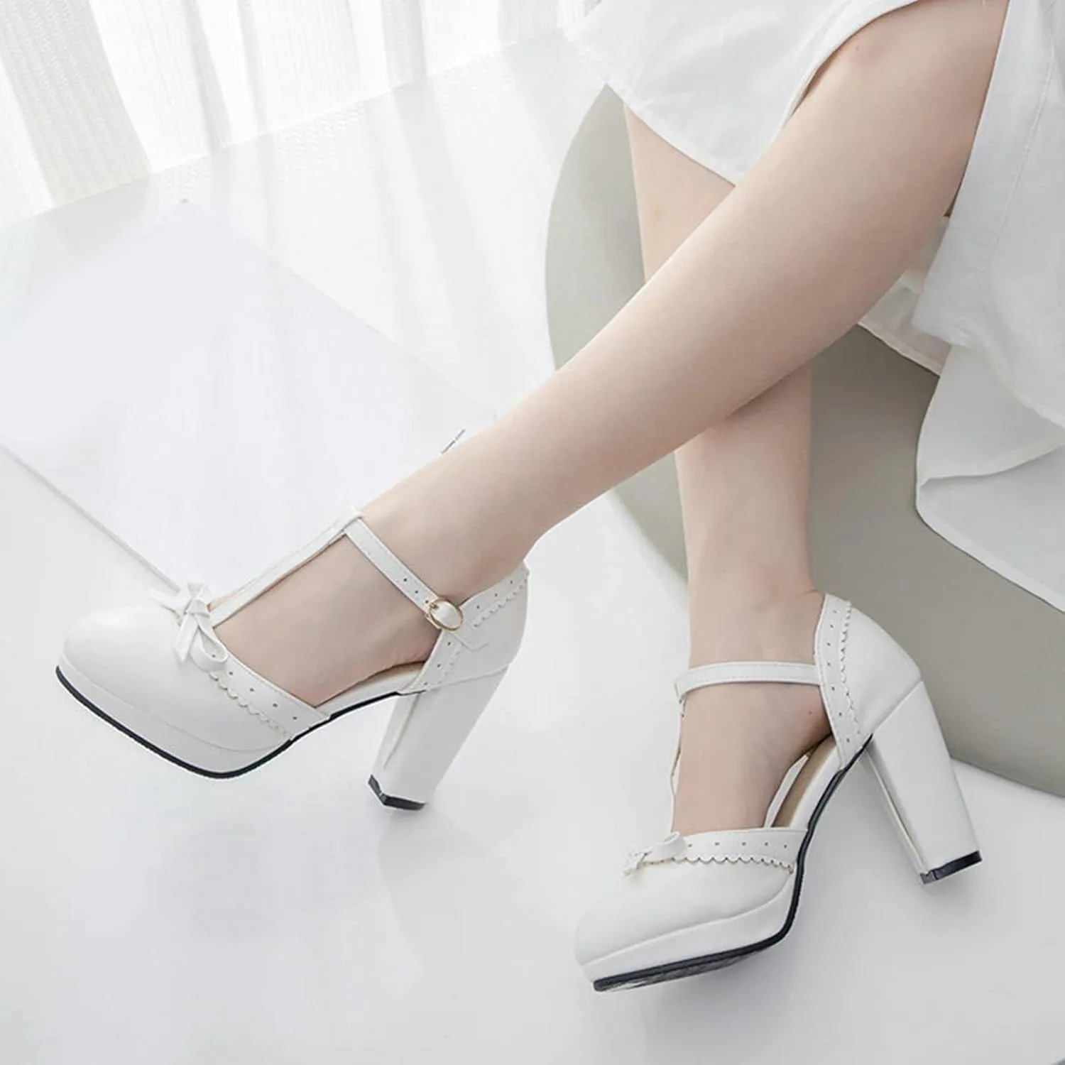 Women's Bow Platform Sandal Pumps Chunky High Heels Round Toe Ankle T-Strap Oxfords Dress Shoes