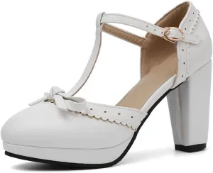 Women's Bow Platform Sandal Pumps Chunky High Heels Round Toe Ankle T-Strap Oxfords Dress Shoes