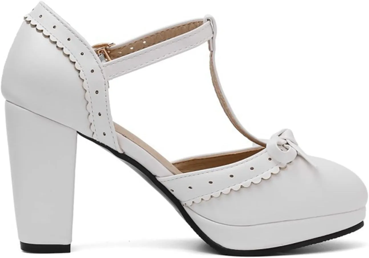 Women's Bow Platform Sandal Pumps Chunky High Heels Round Toe Ankle T-Strap Oxfords Dress Shoes