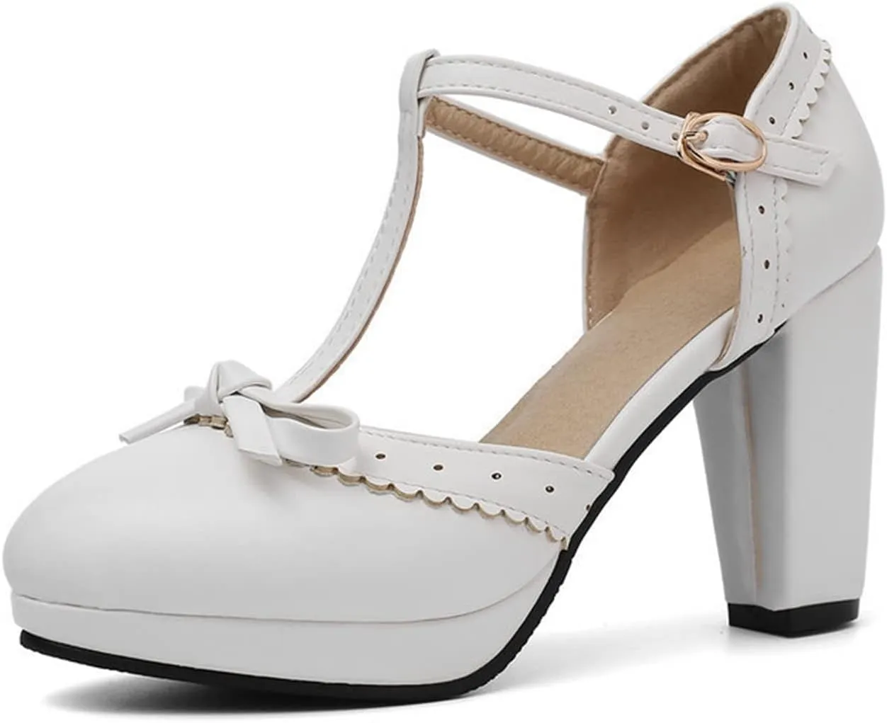 Women's Bow Platform Sandal Pumps Chunky High Heels Round Toe Ankle T-Strap Oxfords Dress Shoes