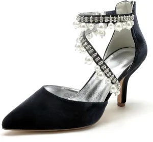 Womens Bridal Shoes Pointed Toe Wedding Shoes High Heel Beaded Pumps Heeled Ankle Buckle Court Sandals Evening Party Dress Stiletto,Black,8