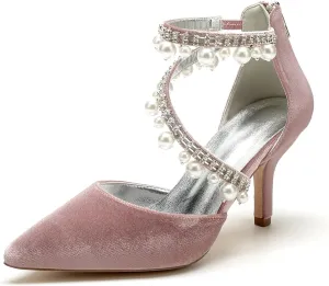 Womens Bridal Shoes Pointed Toe Wedding Shoes High Heel Beaded Pumps Heeled Ankle Buckle Court Sandals Evening Party Dress Stiletto,Pink,10