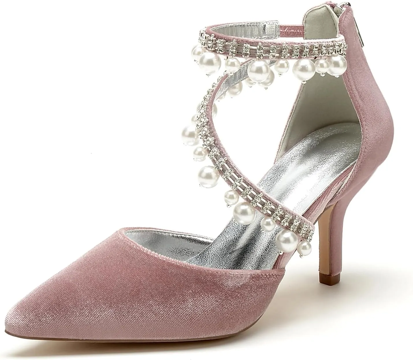 Womens Bridal Shoes Pointed Toe Wedding Shoes High Heel Beaded Pumps Heeled Ankle Buckle Court Sandals Evening Party Dress Stiletto,Pink,10