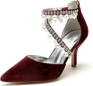 Womens Bridal Shoes Pointed Toe Wedding Shoes High Heel Beaded Pumps Heeled Ankle Buckle Court Sandals Evening Party Dress Stiletto,Wine red,11.5