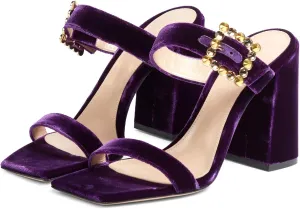 Women's Chic Rhinestones Buckle Square Open Toe Block Heel Slide Sandals Fashion Velvet Fabric Slip On High Chunky Heel Summer Mules Prom Party Heeled Sandals for Women