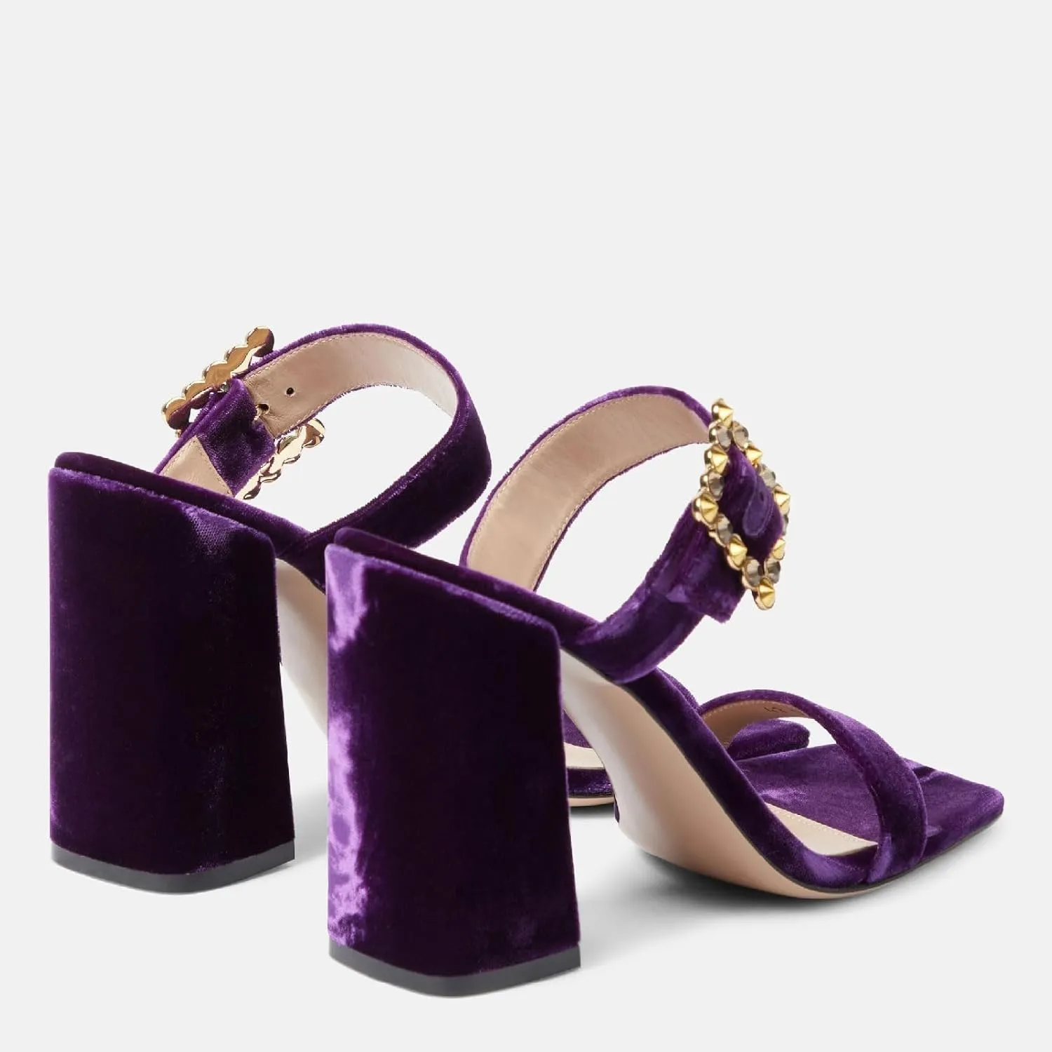 Women's Chic Rhinestones Buckle Square Open Toe Block Heel Slide Sandals Fashion Velvet Fabric Slip On High Chunky Heel Summer Mules Prom Party Heeled Sandals for Women