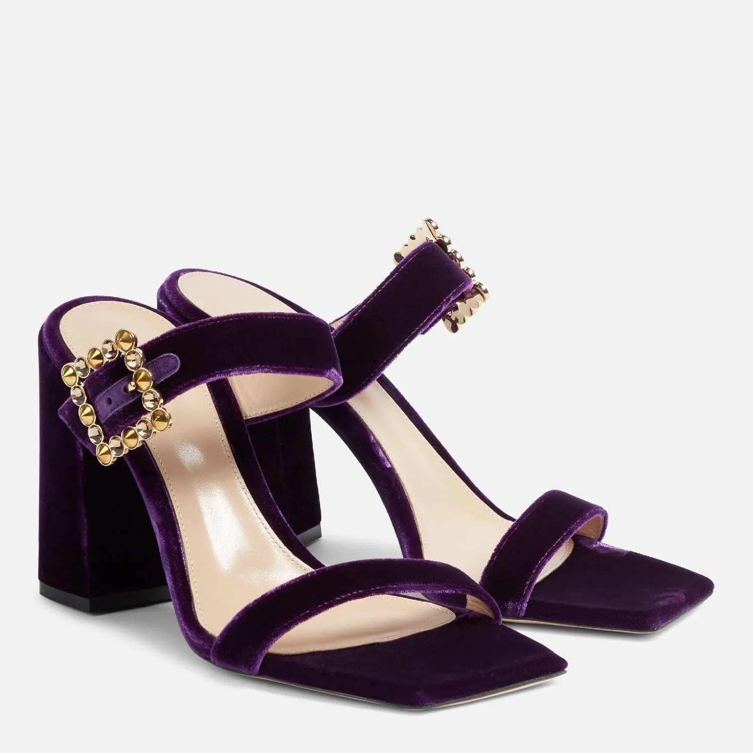 Women's Chic Rhinestones Buckle Square Open Toe Block Heel Slide Sandals Fashion Velvet Fabric Slip On High Chunky Heel Summer Mules Prom Party Heeled Sandals for Women