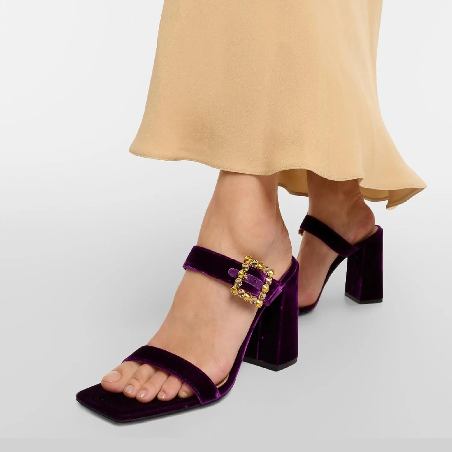 Women's Chic Rhinestones Buckle Square Open Toe Block Heel Slide Sandals Fashion Velvet Fabric Slip On High Chunky Heel Summer Mules Prom Party Heeled Sandals for Women