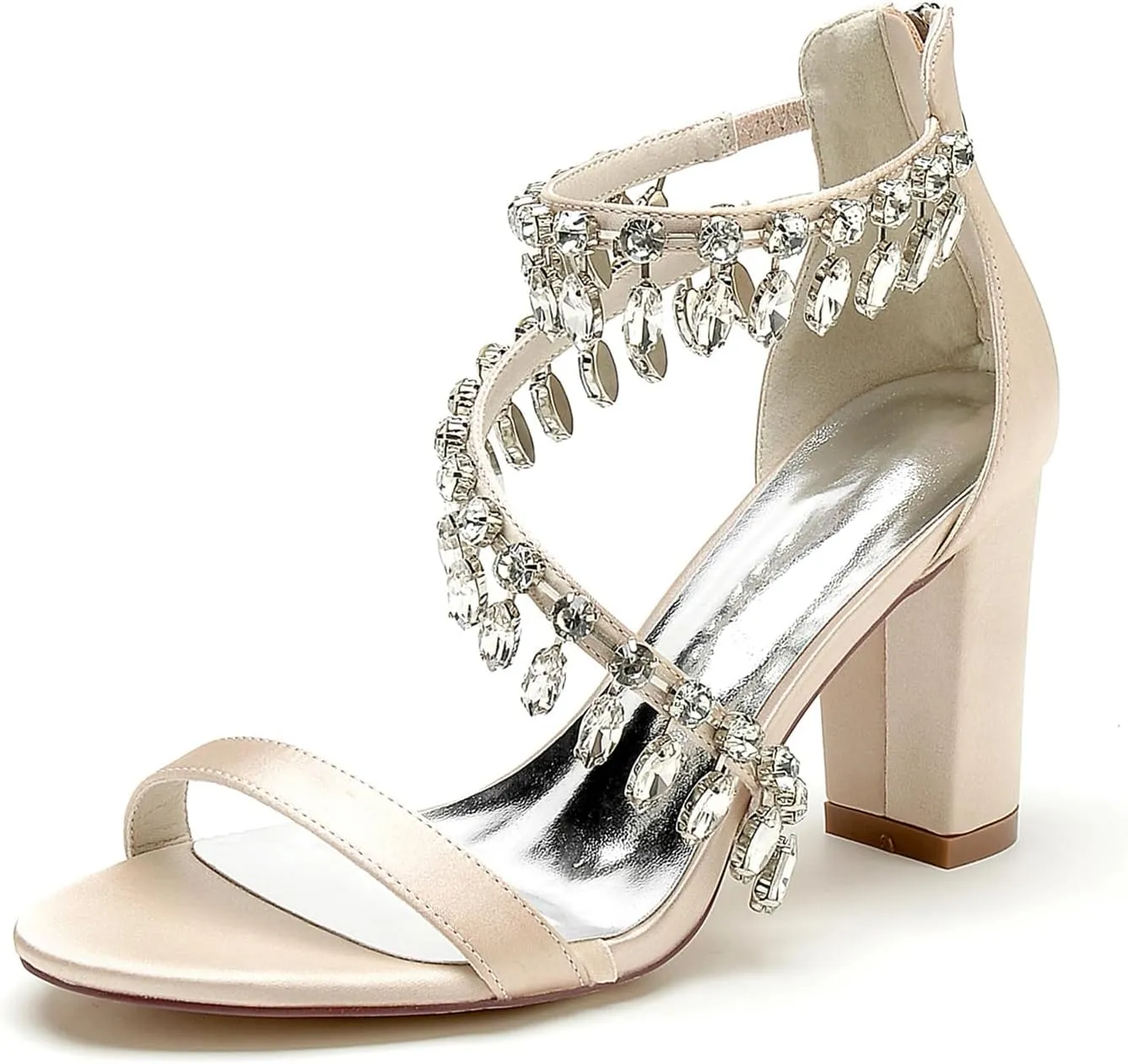 Women's Chunky Block Heel Crystal Wedding Shoes Open Toe Evening Prom Party Bridal Dress Pumps Back Zip Heeled Sandal