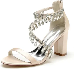 Women's Chunky Block Heel Crystal Wedding Shoes Open Toe Evening Prom Party Bridal Dress Pumps Back Zip Heeled Sandal