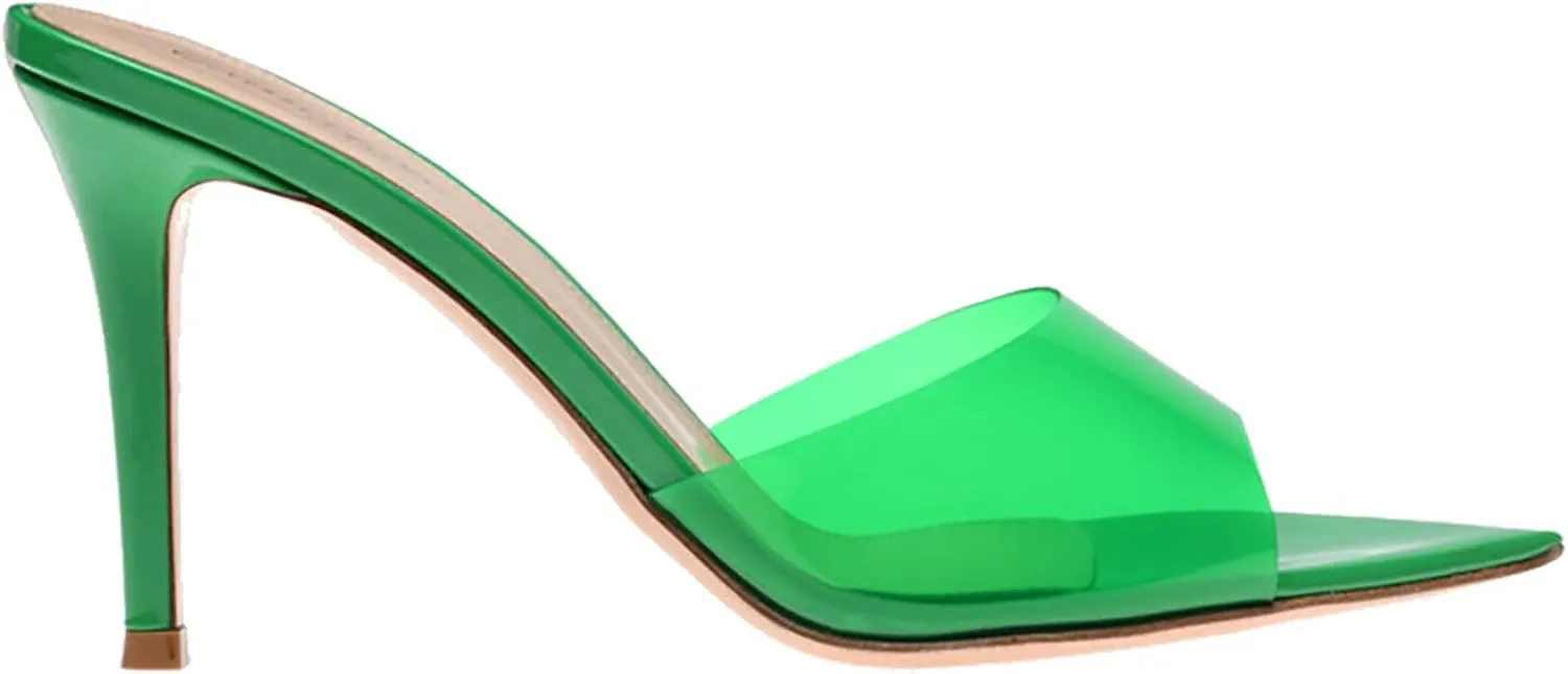 Women's Clear Pointed Open Toe Stiletto Heel Slide Sandals Fashion Sexy Slip On Transparent Strap High Heels Mules Summer Backless Party Wedding Prom Dress Shoes