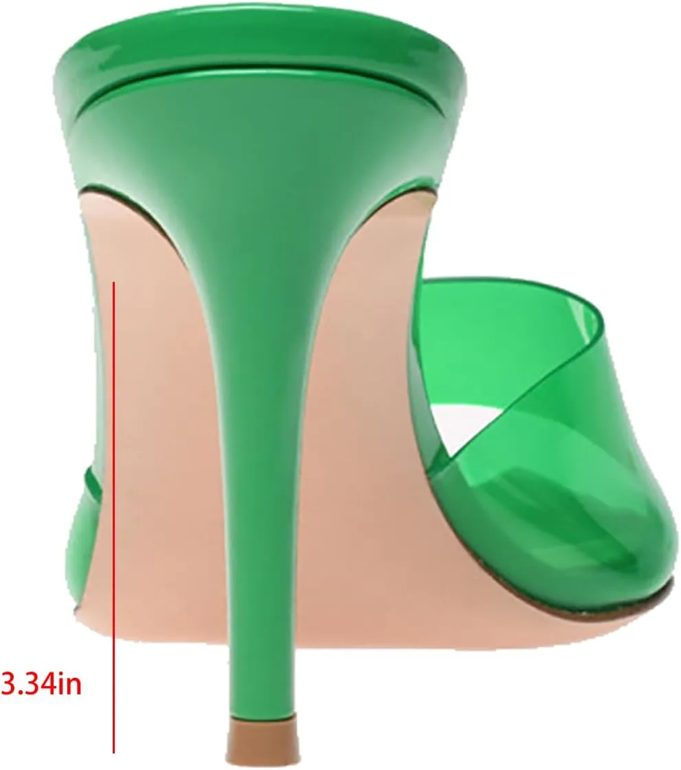 Women's Clear Pointed Open Toe Stiletto Heel Slide Sandals Fashion Sexy Slip On Transparent Strap High Heels Mules Summer Backless Party Wedding Prom Dress Shoes