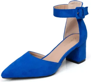 Womens Closed Pointed Toe Low Block Sandal Heels Ankle Strap Chunky Heeled Pumps for Women Party Wedding Dressy Comfortable Leather Suede Sandals Shoes 2.36 Inch