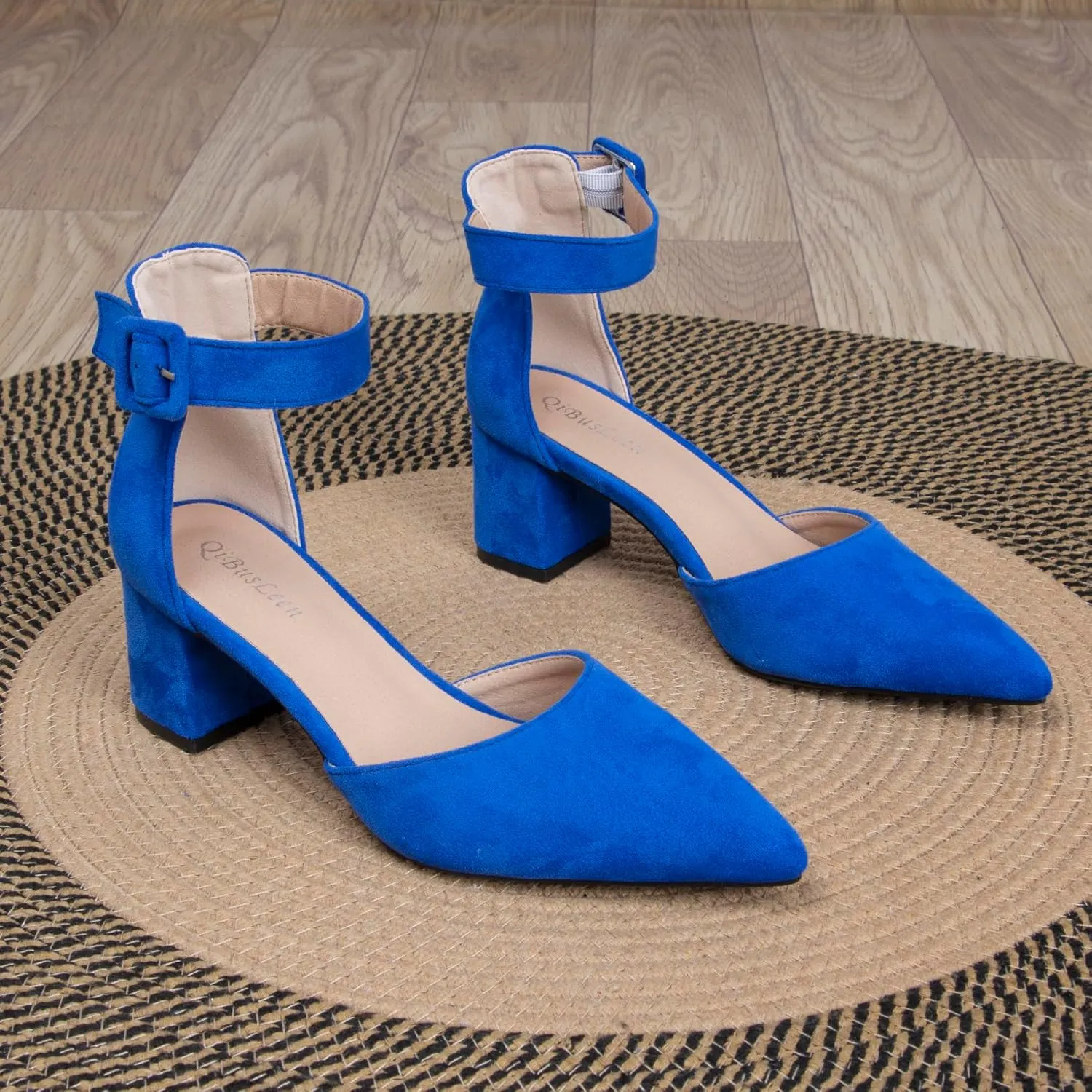 Womens Closed Pointed Toe Low Block Sandal Heels Ankle Strap Chunky Heeled Pumps for Women Party Wedding Dressy Comfortable Leather Suede Sandals Shoes 2.36 Inch