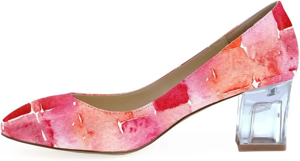 Women's Comfortable Clear Block Mid Heels Blue Squares Printed Round Toe Chic Pumps Shoes