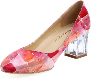 Women's Comfortable Clear Block Mid Heels Blue Squares Printed Round Toe Chic Pumps Shoes