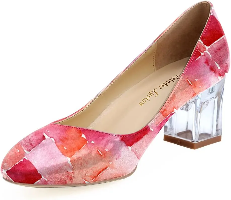 Women's Comfortable Clear Block Mid Heels Blue Squares Printed Round Toe Chic Pumps Shoes