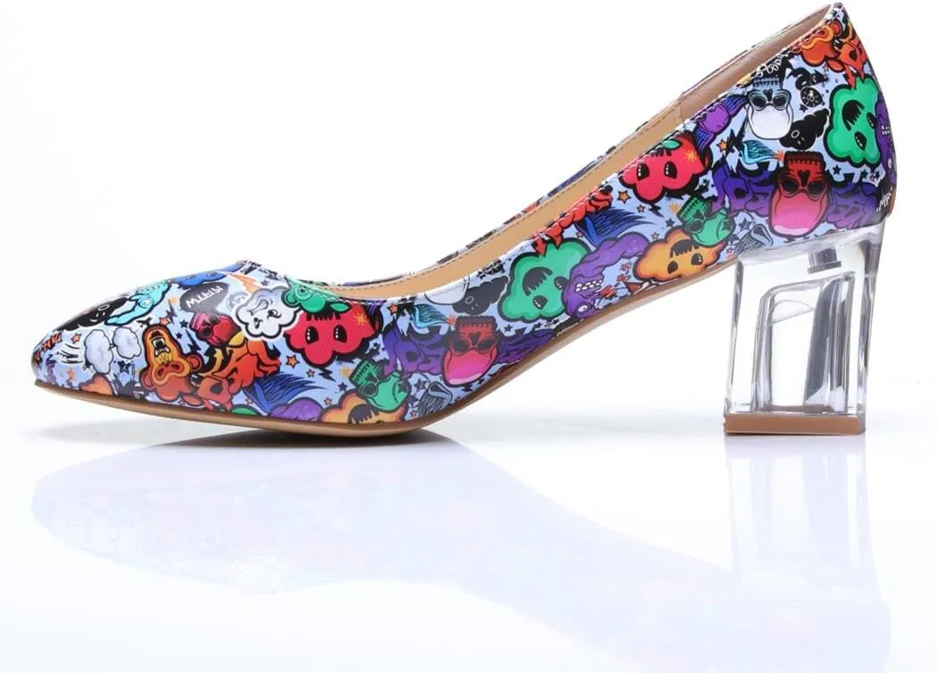 Women's Comfortable Clear Block Mid Heels Blue Squares Printed Round Toe Chic Pumps Shoes