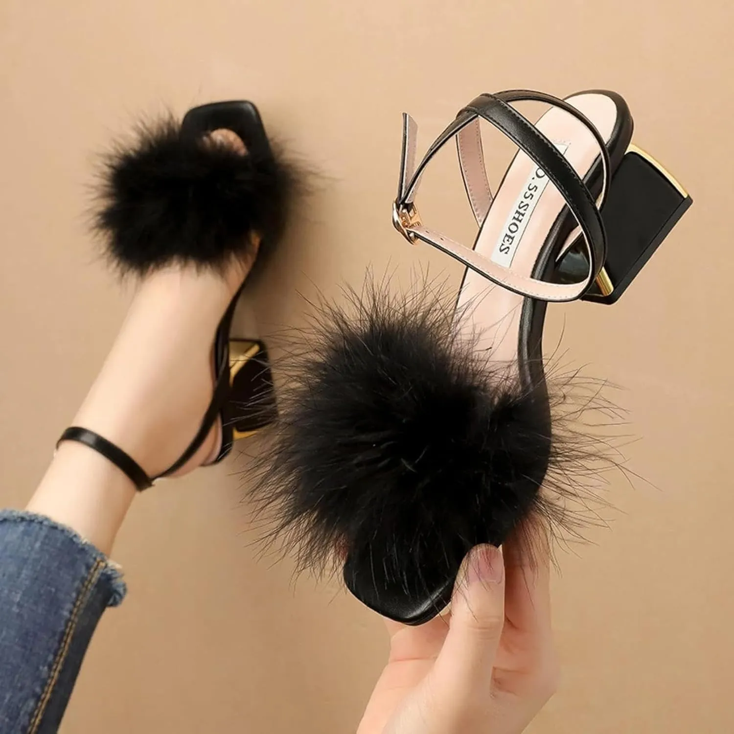 Women's Comfortable Open Toe Ankle Strap Thick Heel Casual Dress with Feather Decoration Formal Party Sandals