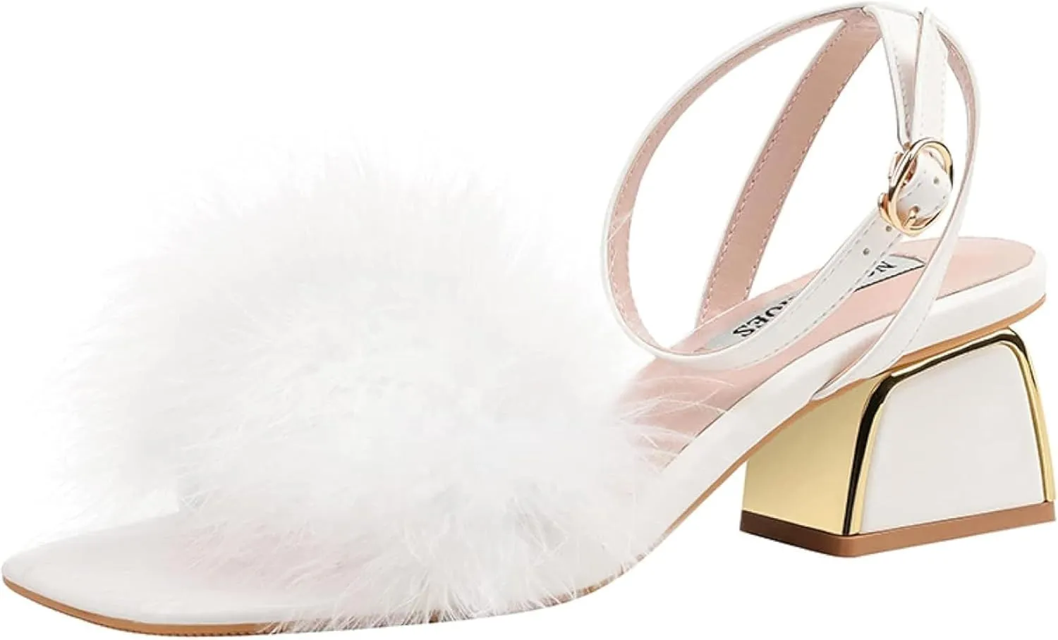 Women's Comfortable Open Toe Ankle Strap Thick Heel Casual Dress with Feather Decoration Formal Party Sandals