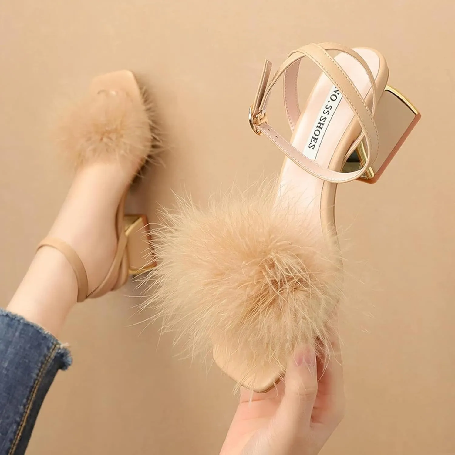 Women's Comfortable Open Toe Ankle Strap Thick Heel Casual Dress with Feather Decoration Formal Party Sandals