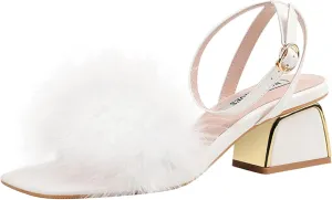 Women's Comfortable Open Toe Ankle Strap Thick Heel Casual Dress with Feather Decoration Formal Party Sandals