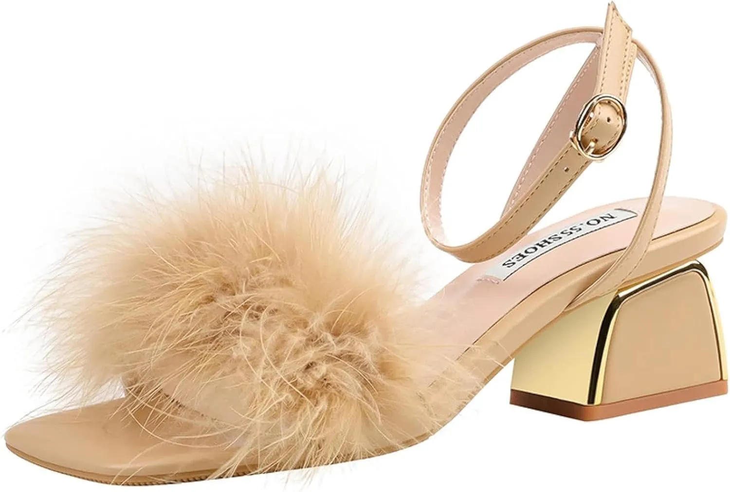 Women's Comfortable Open Toe Ankle Strap Thick Heel Casual Dress with Feather Decoration Formal Party Sandals