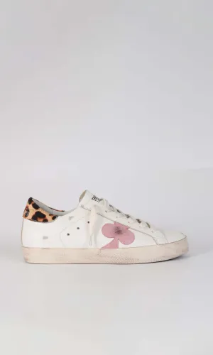 Women's Distressed Leather Sneaker: MILANO - PINK CLOVER WITH LEOPARD HEEL